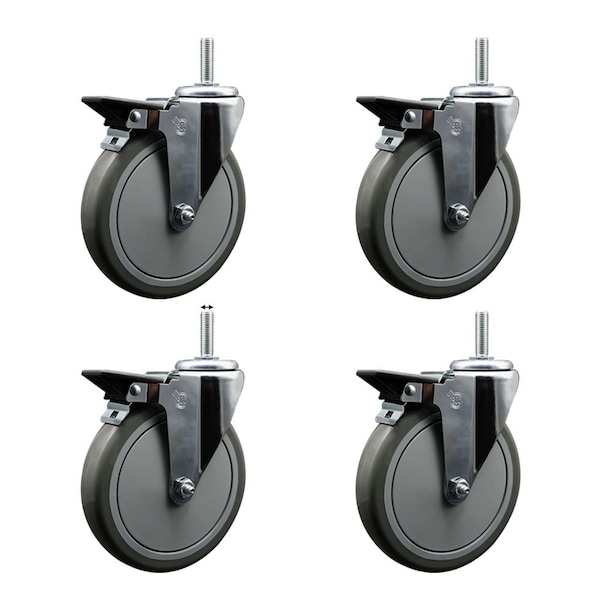 Service Caster 6 Inch Gray Polyurethane Wheel Swivel 34 Inch Threaded Stem Caster Set with Brake SCC SCC-TS20S614-PPUB-PLB-34212-4 - main